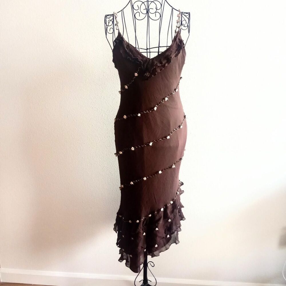 Y2K Brown Floral Beaded Silk Fairy Prom Dress